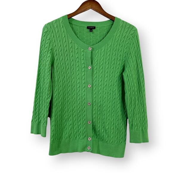 Talbots Womens L Green 3/4 Sleeve Cable Knit Cardigan Sweater Button Up Preppy - Picture 1 of 8